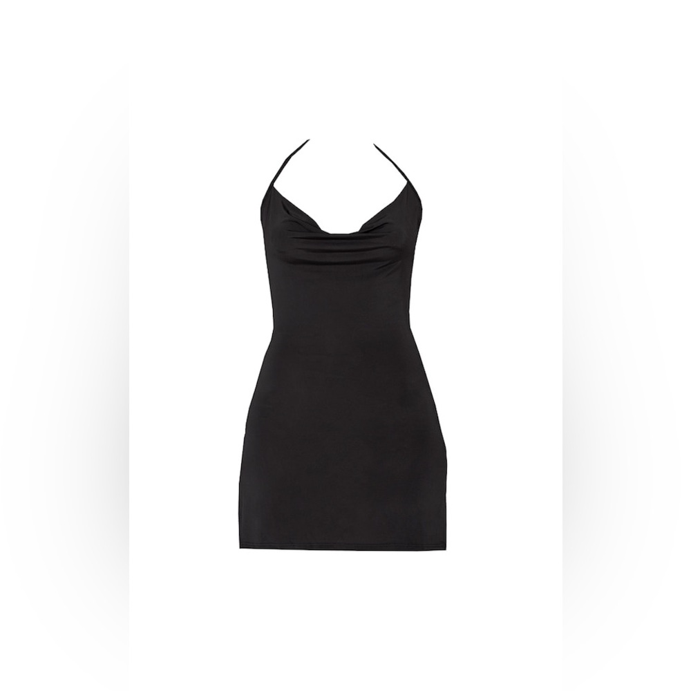 PRETTYLITTLETHING Black Slinky Halter-neck Cowl Neck Bodycon Mini Dress size 8 - Picture 6 of 16